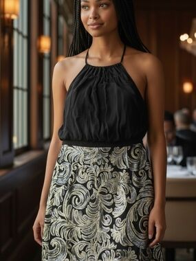 Laundry By Shelli Segal Black Halter Bodice Metallic Scroll Midi Dress